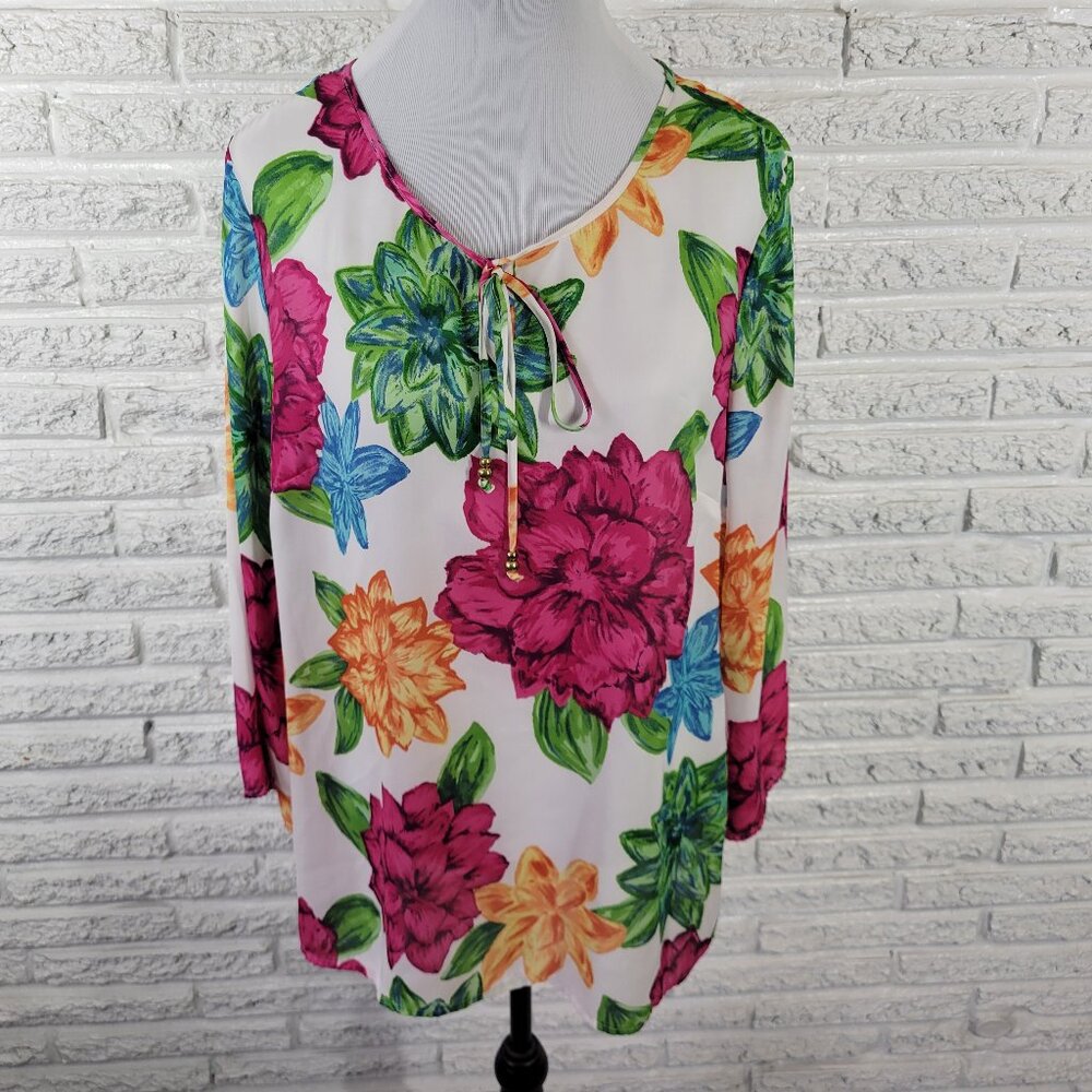Charter Club Women's XL Floral Blouse 3/4 Sleeve Keyhole Neck Multicolor FLO286E